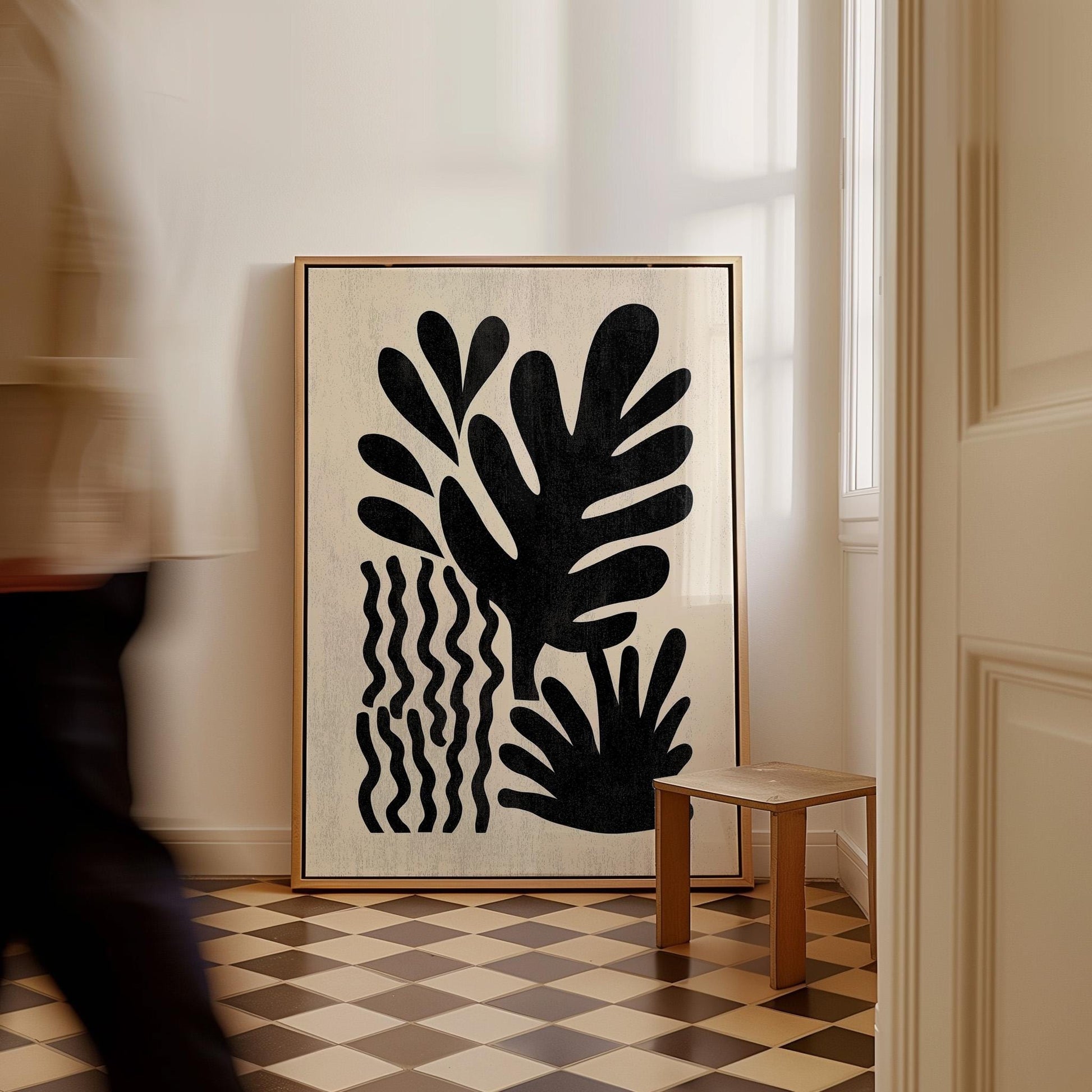 Black Botanical Canvas Art Modern Minimal Leaf Print for Living Room or Hallway, Abstract Nature Wall Decor
