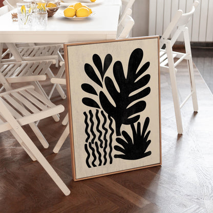 Black Botanical Canvas Art Modern Minimal Leaf Print for Living Room or Hallway, Abstract Nature Wall Decor