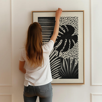 Abstract Botanical Canvas Art Black and White Tropical Leaf Print for Living Room or Office, Modern Minimal Wall Decor