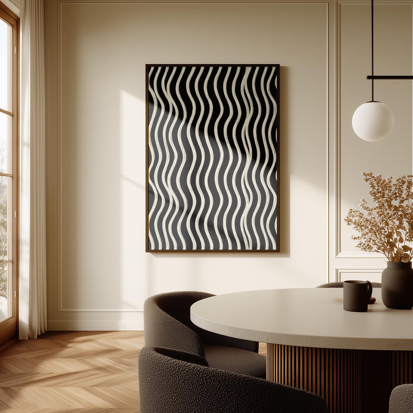 Black and White Waves Canvas Art Modern Abstract Print for Dining Room or Office, Minimal Line Pattern Wall Decor