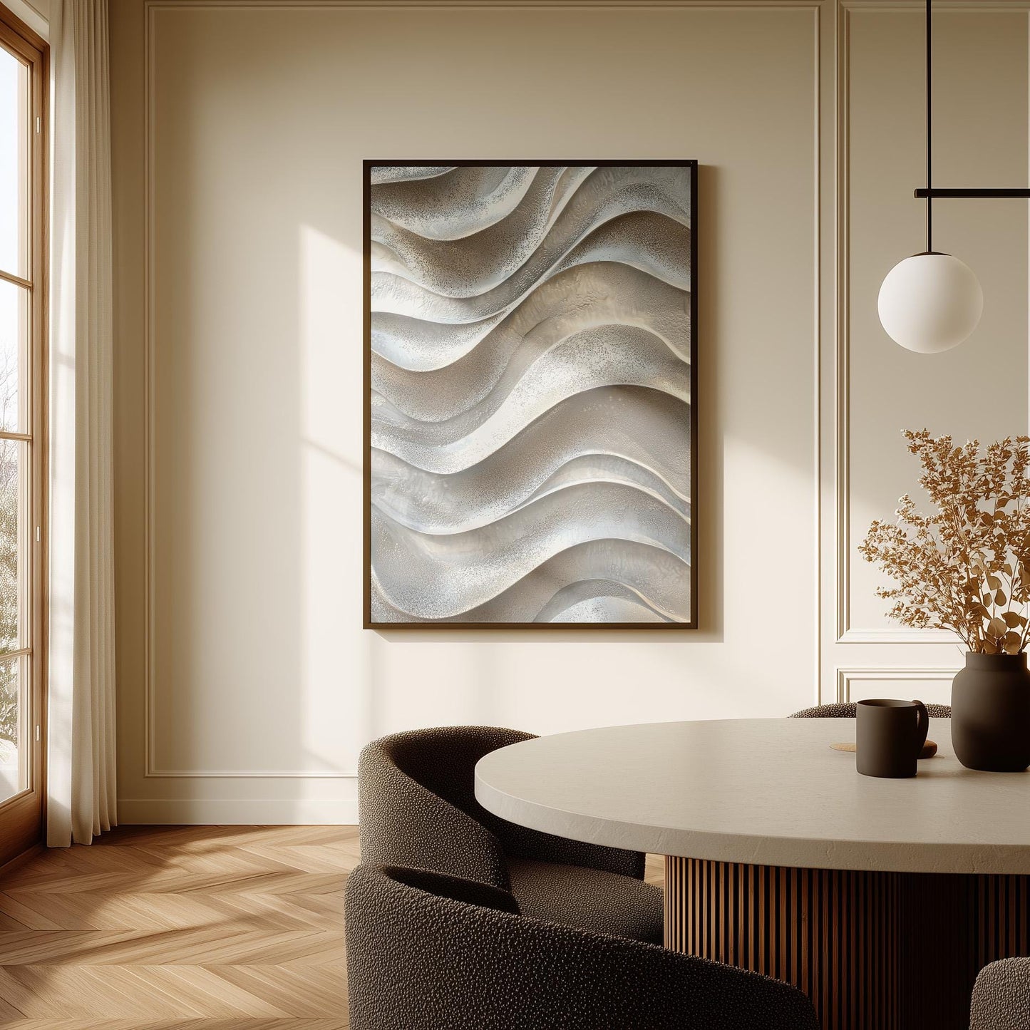 Neutral Waves Canvas Art Beige 3D Texture Effect Modern Abstract Print for Living Room or Bedroom, Minimal Coastal Wall Decor