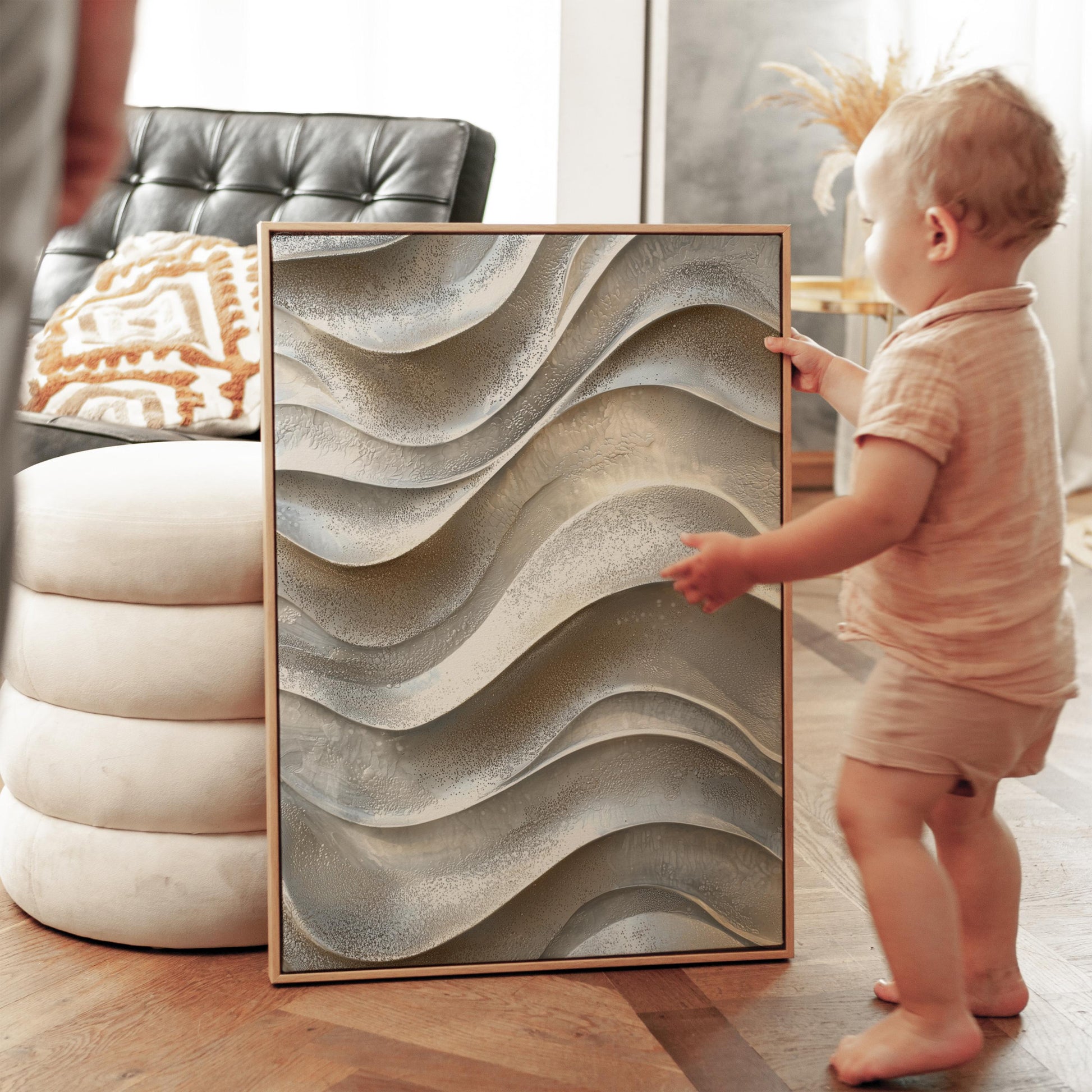 Neutral Waves Canvas Art Beige 3D Texture Effect Modern Abstract Print for Living Room or Bedroom, Minimal Coastal Wall Decor