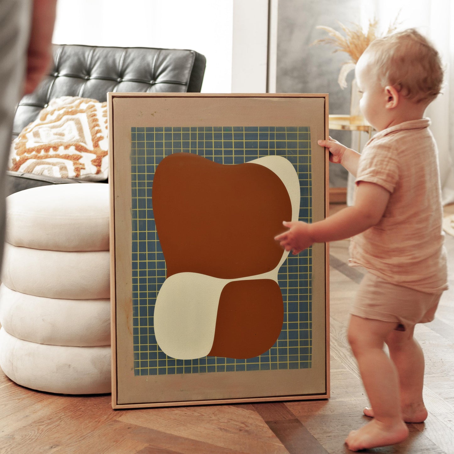 Mid Century Abstract Canvas Art Terracotta and Cream Geometric Shapes Modern Print for Dining Room or Office, Retro Wall Decor
