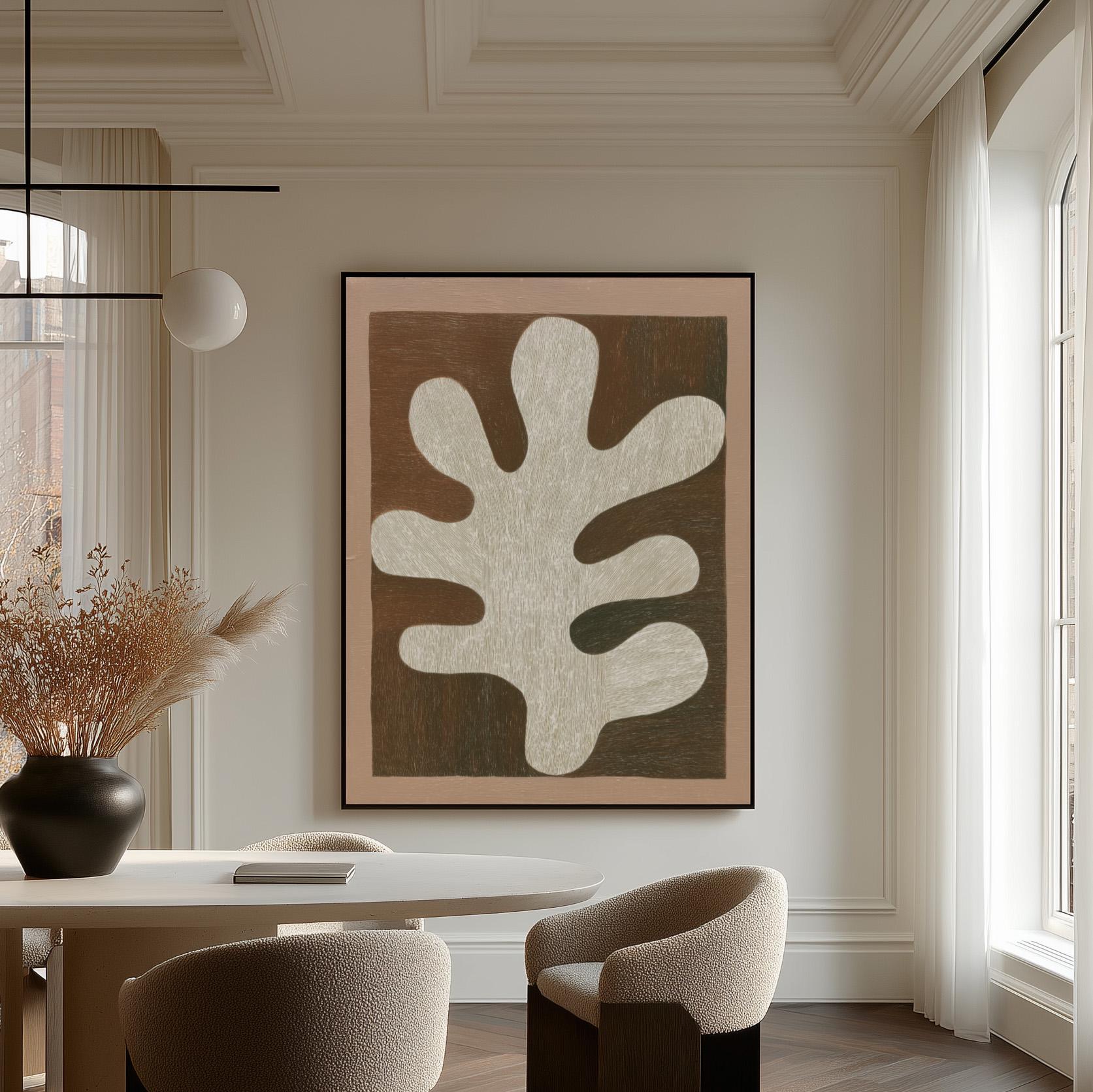 Abstract Leaf Form Canvas Art Neutral Beige and Brown Minimalist Print for Dining Room or Living Room, Modern Organic Wall Decor