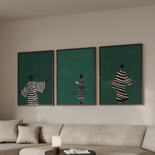 Emerald Green Woman Canvas Print Set: Modern Abstract Figurative Art