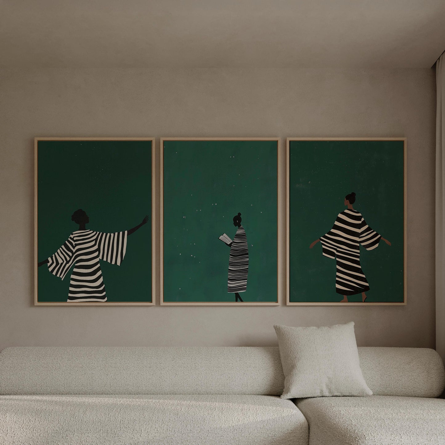 Emerald Green Woman Canvas Print Set: Modern Abstract Figurative Art
