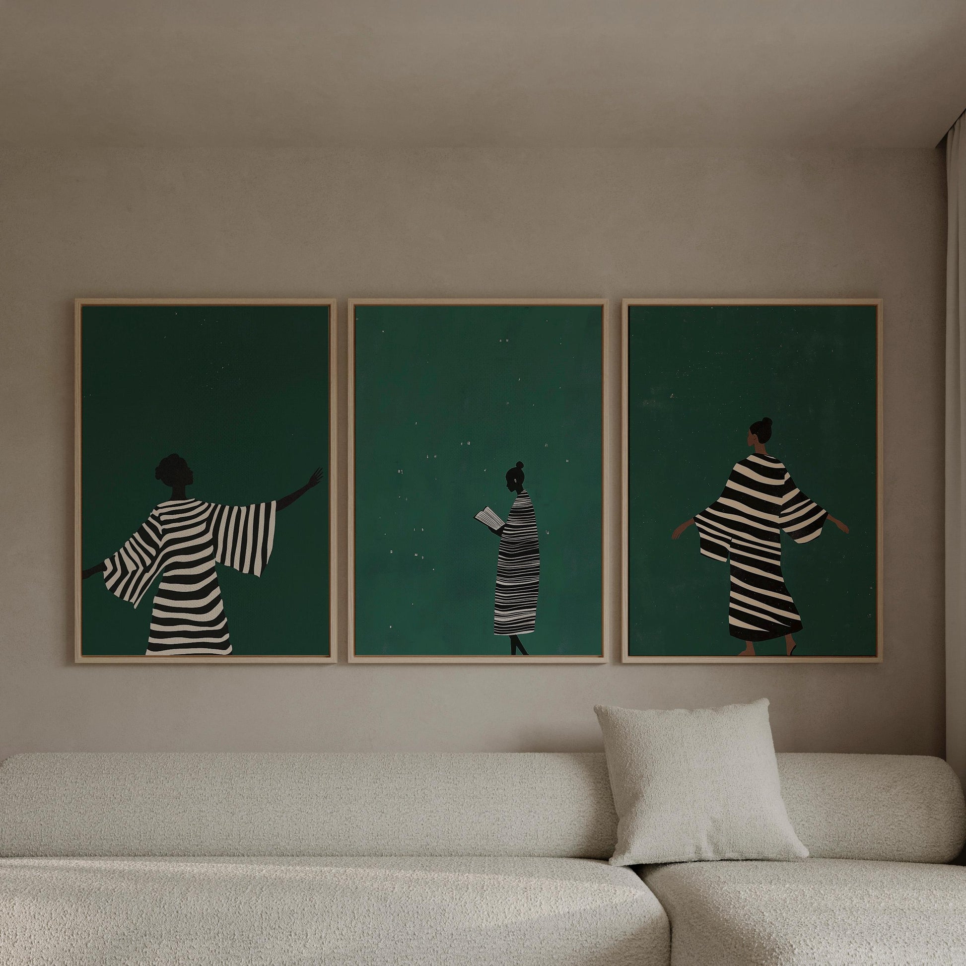 Emerald Green Woman Canvas Print Set: Modern Abstract Figurative Art