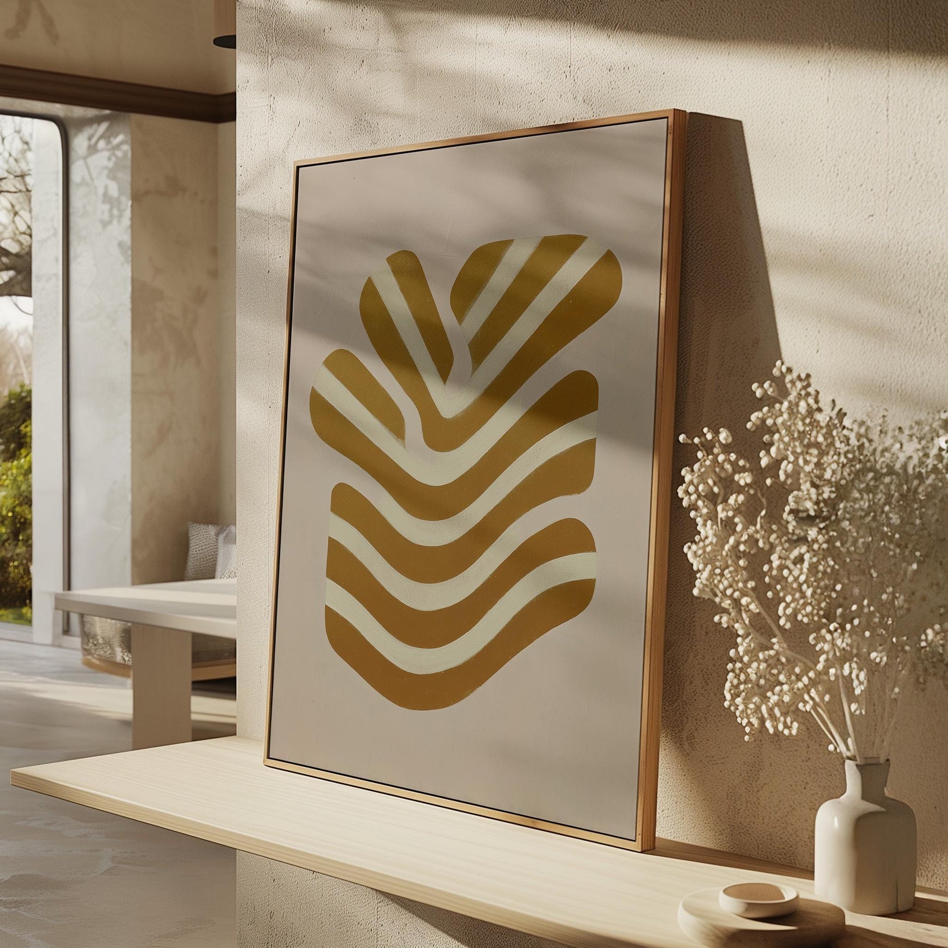 Giclée Canvas Print Abstract Golden Lines Minimalist Modern Wall Art Neutral Geometric Design for Living Room or Office
