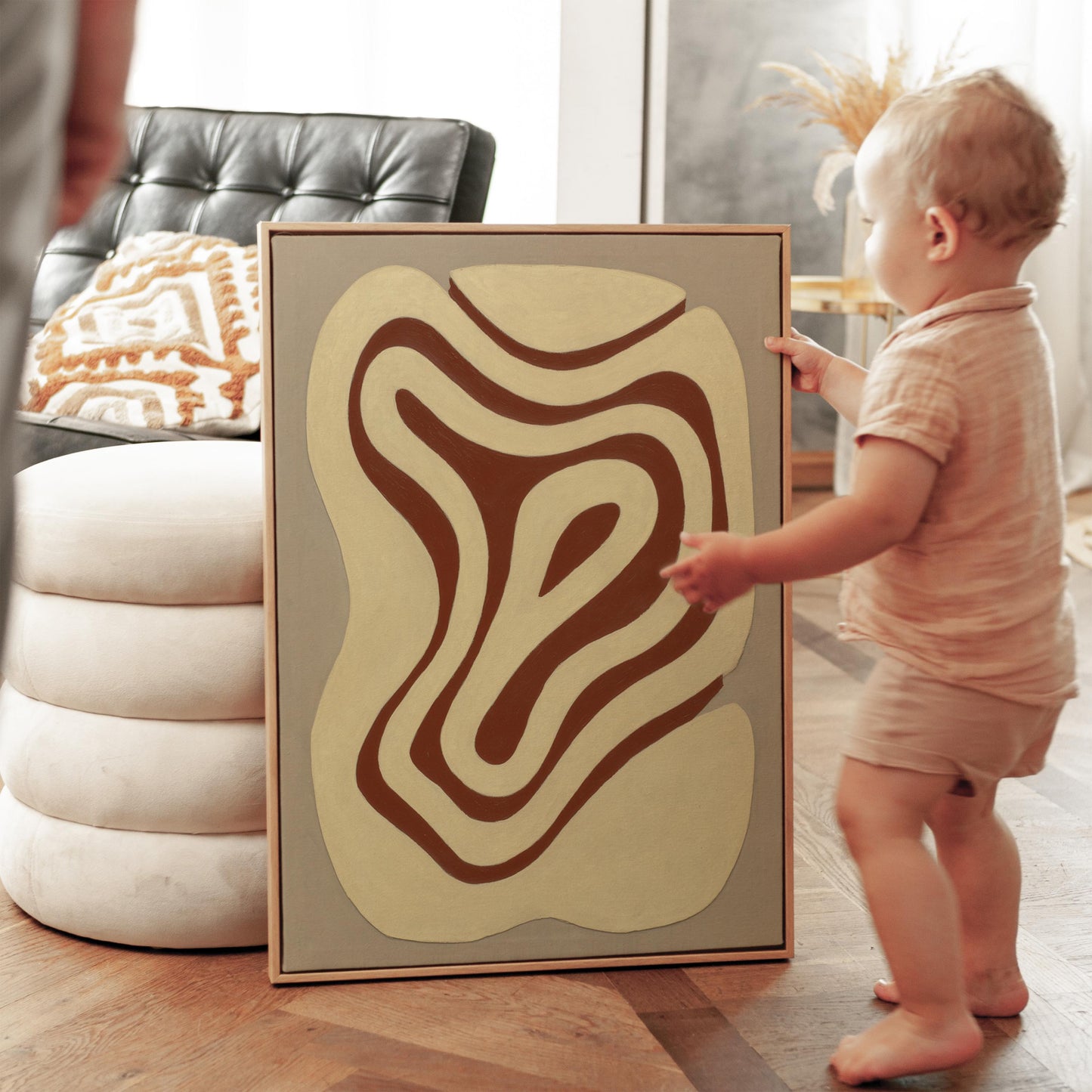 Giclée Canvas Print Abstract Brown Lines Minimalist Neutral Modern Wall Art Organic Shape Painting for Living Room or Office