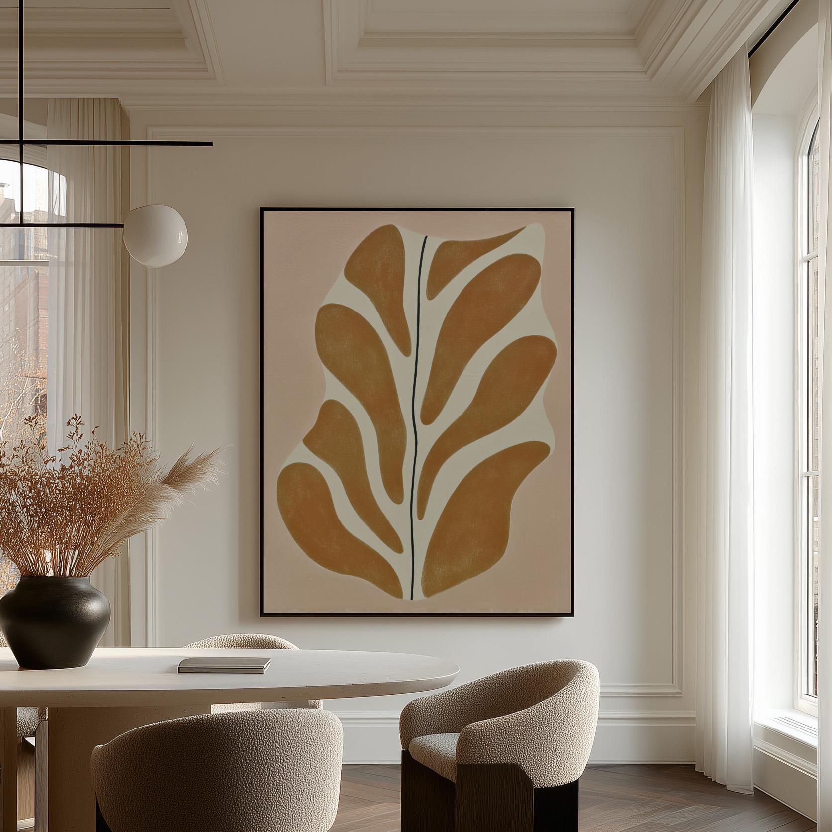Giclée Canvas Print Abstract Leaf Form in Mustard and Cream Minimalist Modern Wall Art Organic Shape Painting for Living Room or Bedroom