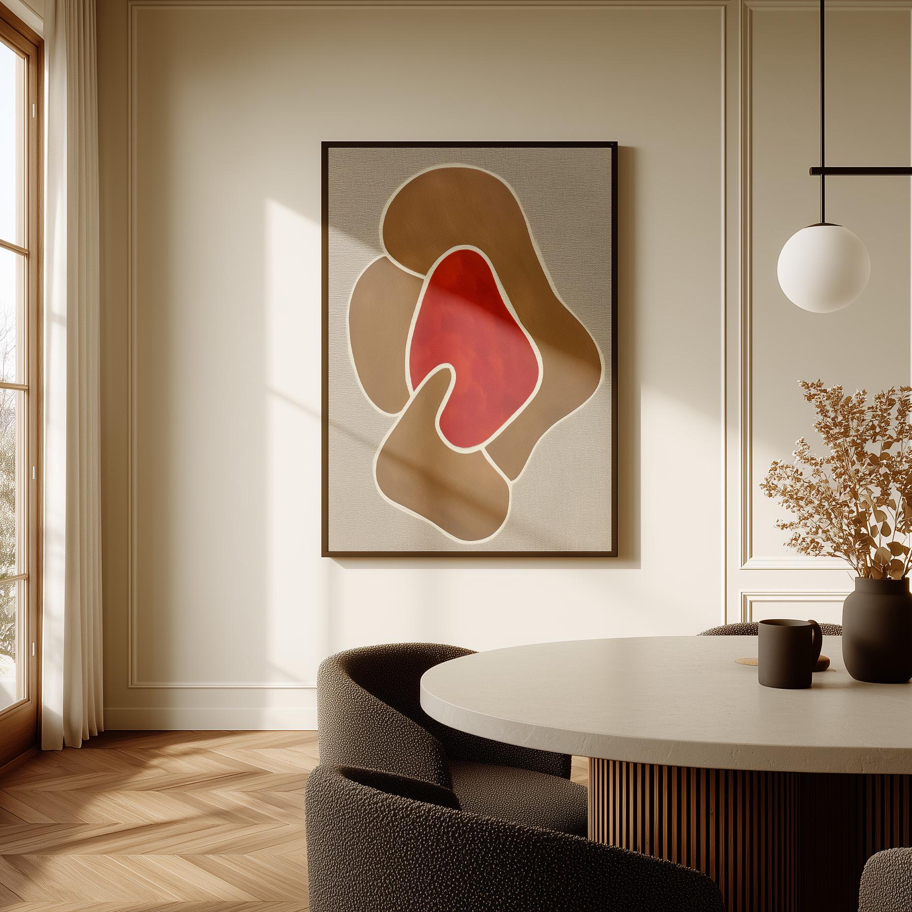 Modern Giclée Canvas in Warm Earth Tones with Abstract Red Centerpiece Contemporary Minimal Wall Art for Living Room or Studio