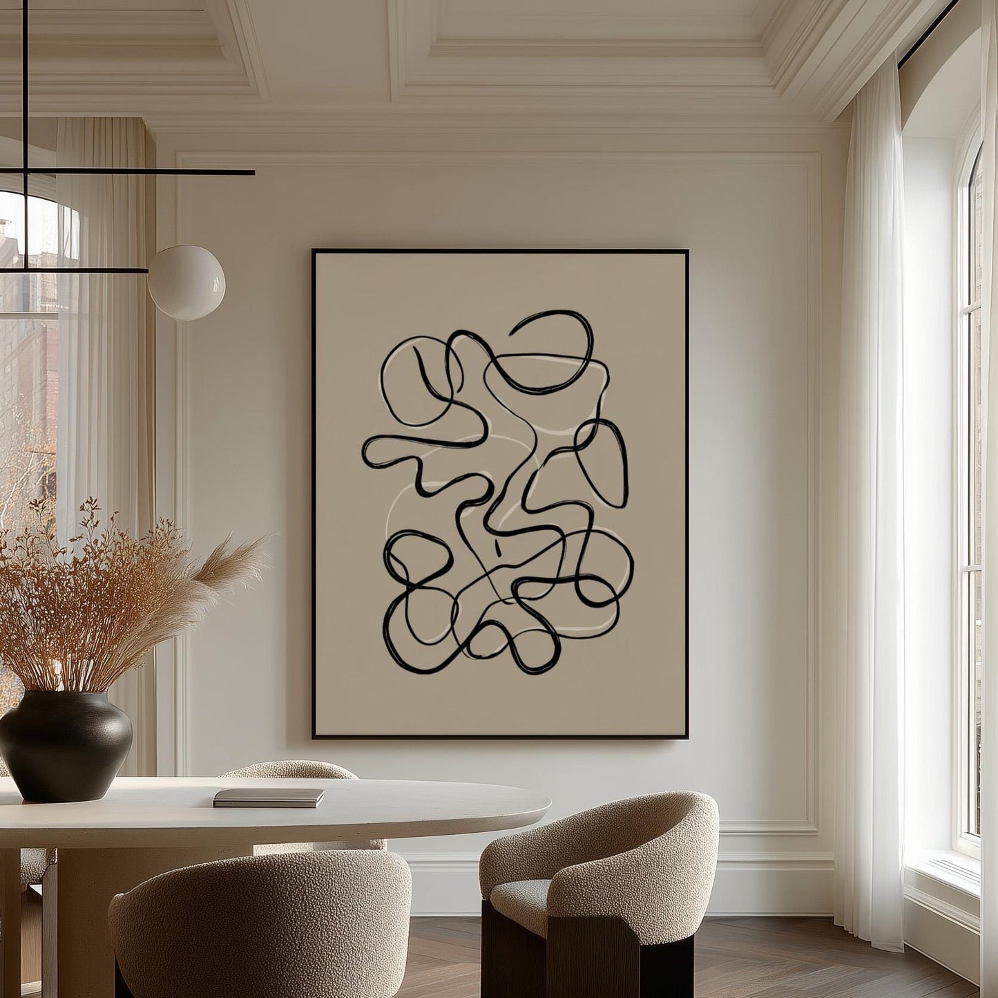 Abstract Continuous Line Giclée Canvas Print in Black and White Modern Minimal Wall Art for Scandinavian or Japandi Interiors