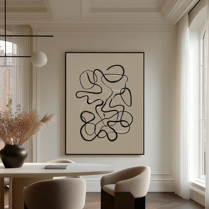 Abstract Continuous Line Giclée Canvas Print in Black and White Modern Minimal Wall Art for Scandinavian or Japandi Interiors