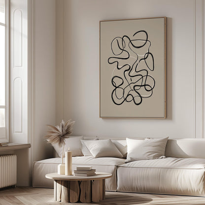 Abstract Continuous Line Giclée Canvas Print in Black and White Modern Minimal Wall Art for Scandinavian or Japandi Interiors