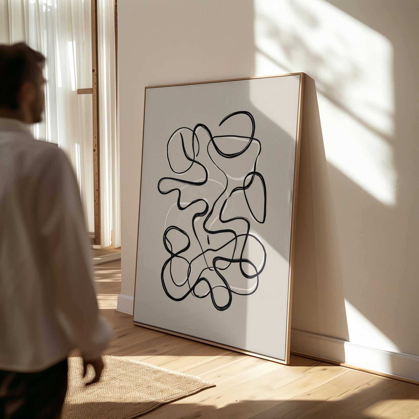 Abstract Continuous Line Giclée Canvas Print in Black and White Modern Minimal Wall Art for Scandinavian or Japandi Interiors