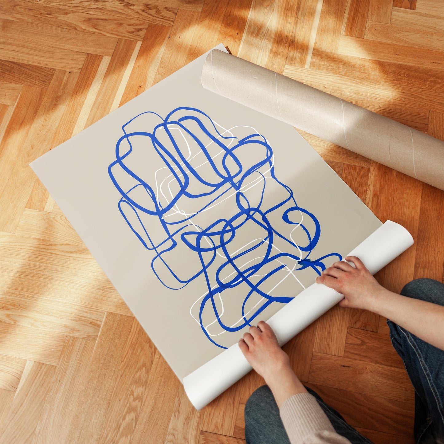 Blue Abstract Giclée Canvas Print Modern Minimal Line Composition Art for Scandinavian Living Room or Office