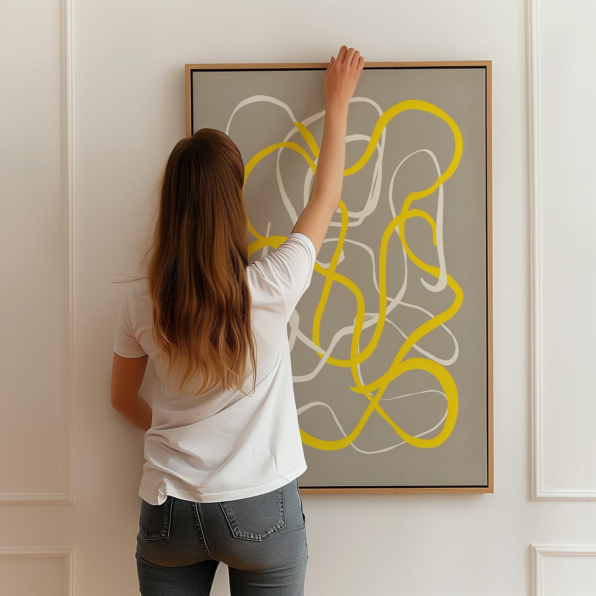 Yellow Abstract Line Giclée Canvas Print Modern Minimal Wall Art for Dining Room or Creative Studio