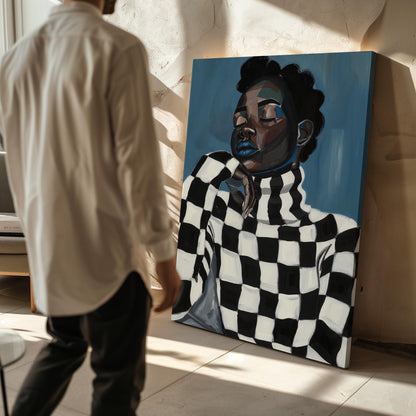 Black and white couple canvas print, checkered sweater wall art, modern Afrocentric portrait, minimalist romantic digital home decor