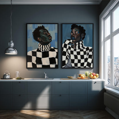 Black and white couple canvas print, checkered sweater wall art, modern Afrocentric portrait, minimalist romantic digital home decor