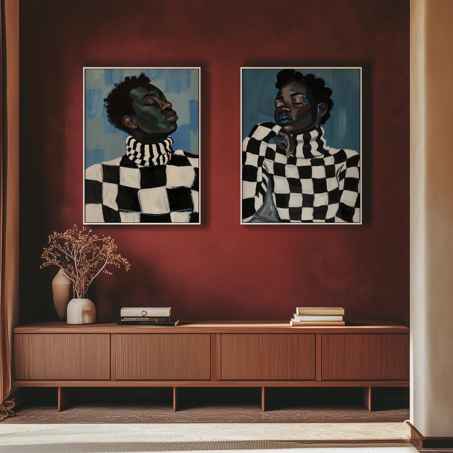 Black and white couple canvas print, checkered sweater wall art, modern Afrocentric portrait, minimalist romantic digital home decor