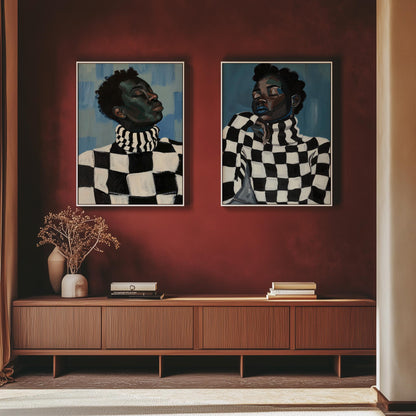 Black and white couple canvas print, checkered sweater wall art, modern Afrocentric portrait, minimalist romantic digital home decor