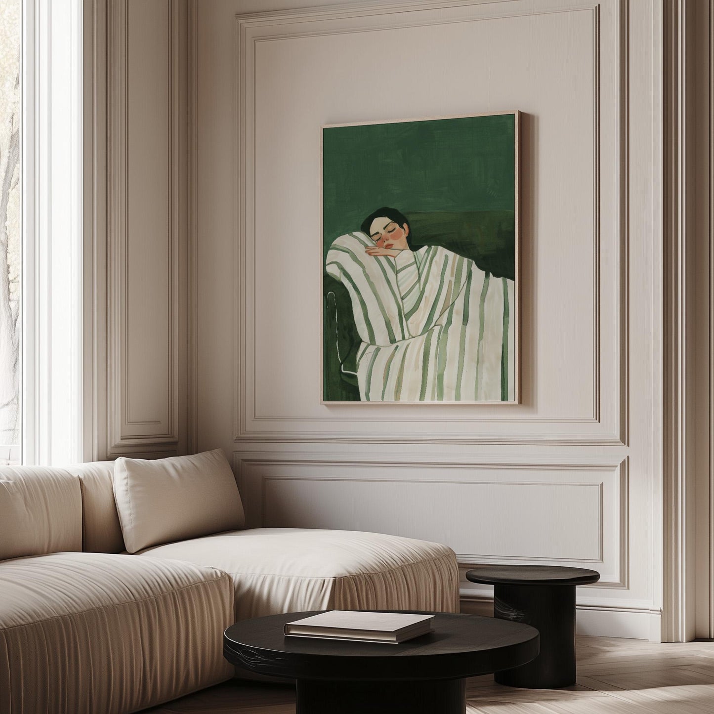 Emerald Green Abstract Sleeping Woman Canvas Art Set of 2: Modern Canvas