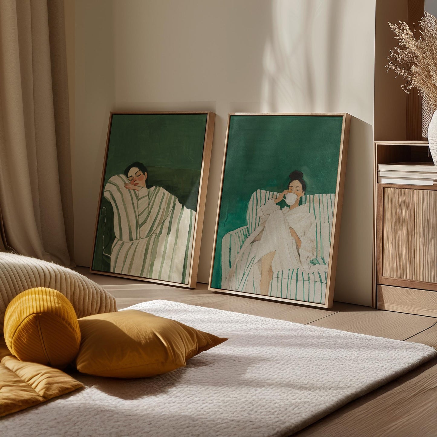 Sleeping Woman Wall Art: Emerald Green Abstract (Set of 2 Canvases)