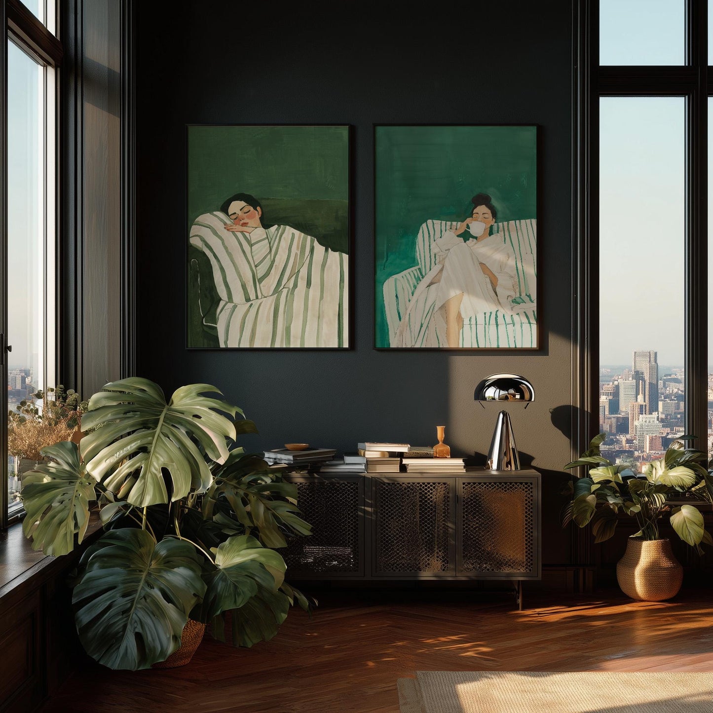 Sleeping Woman Wall Art: Emerald Green Abstract (Set of 2 Canvases)