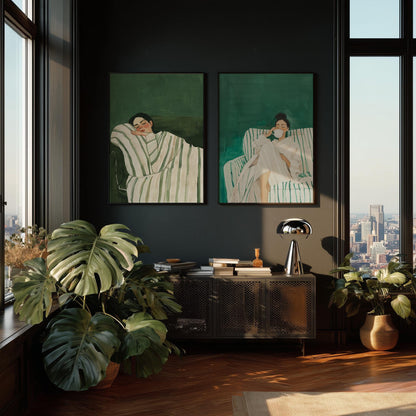 Sleeping Woman Wall Art: Emerald Green Abstract (Set of 2 Canvases)