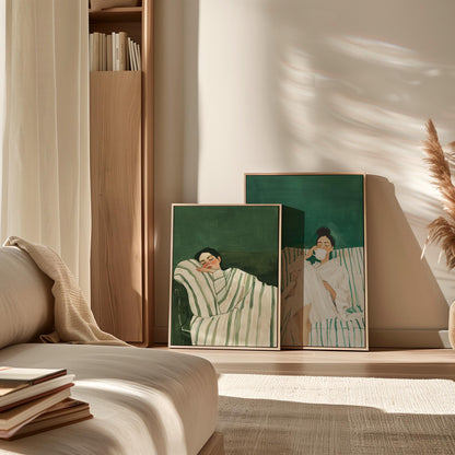 Sleeping Woman Wall Art: Emerald Green Abstract (Set of 2 Canvases)