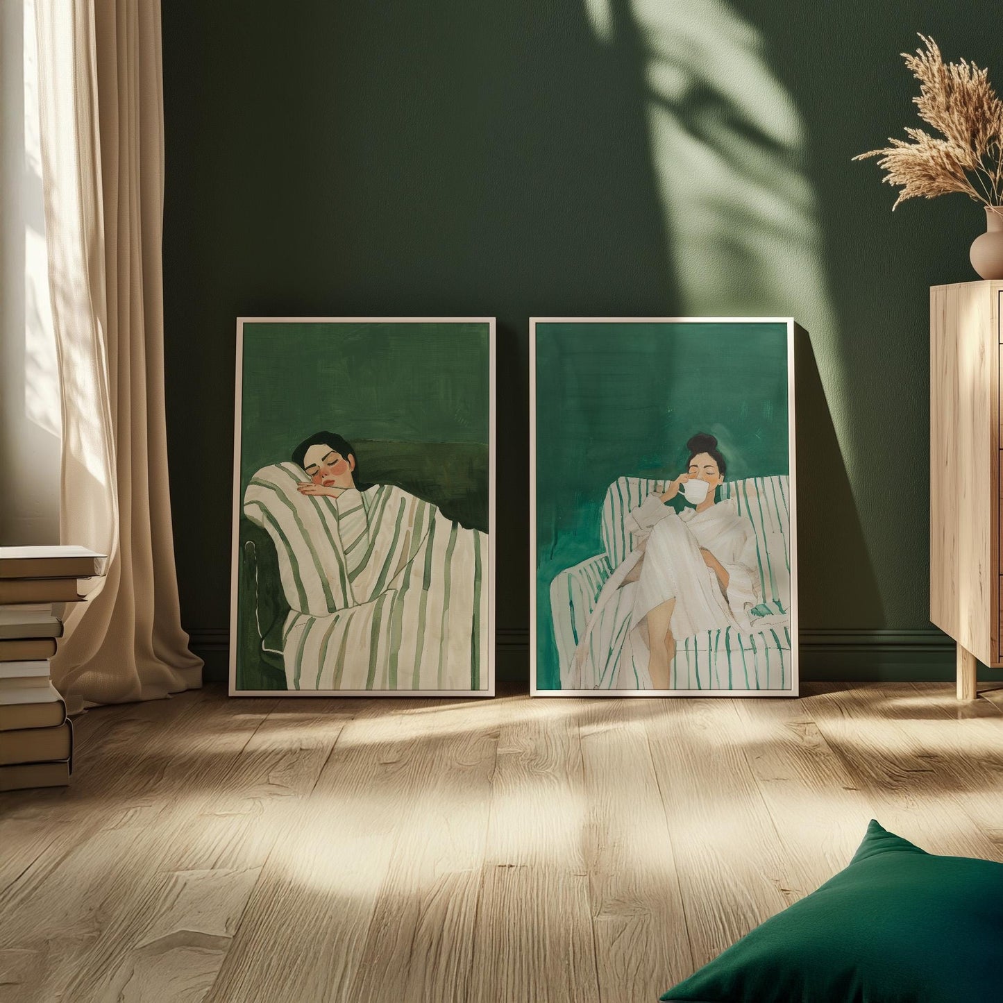 Emerald Green Abstract Sleeping Woman Canvas Art Set of 2: Modern Canvas