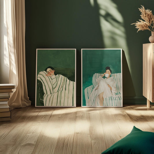 Emerald Green Abstract Sleeping Woman Canvas Art Set of 2: Modern Canvas