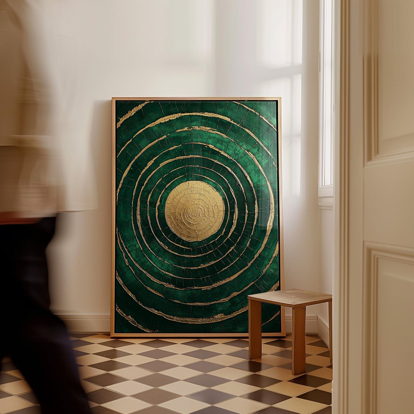 Emerald Gold Circle Canvas Art, Abstract Textured Painting, Modern Giclée Wall Art for Living Room or Office, Luxury Home Decor