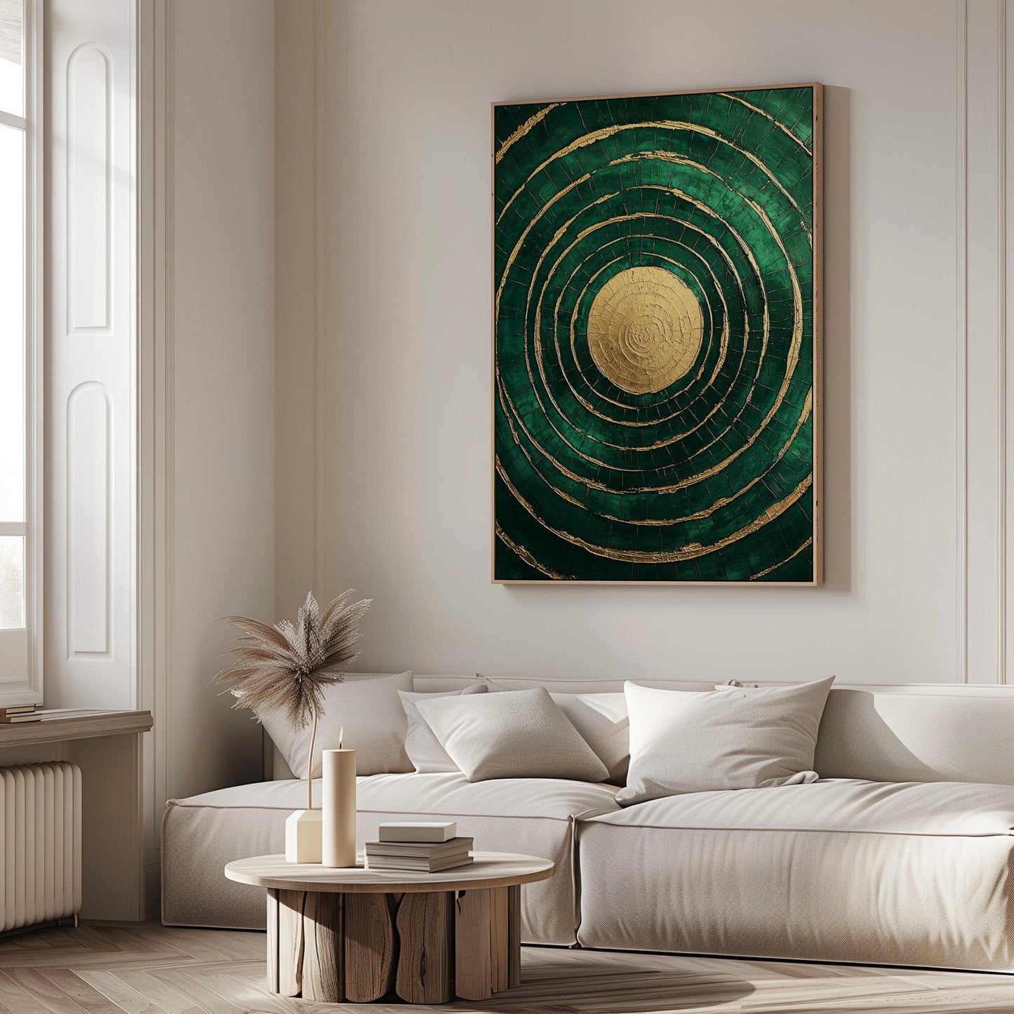 Emerald Gold Circle Canvas Art, Abstract Textured Painting, Modern Giclée Wall Art for Living Room or Office, Luxury Home Decor