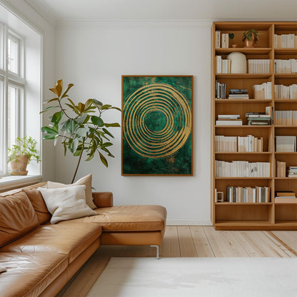 Emerald Gold Spiral Canvas Art, Abstract Textured Painting, Modern Giclée Wall Art for Living Room or Office, Luxury Home Decor