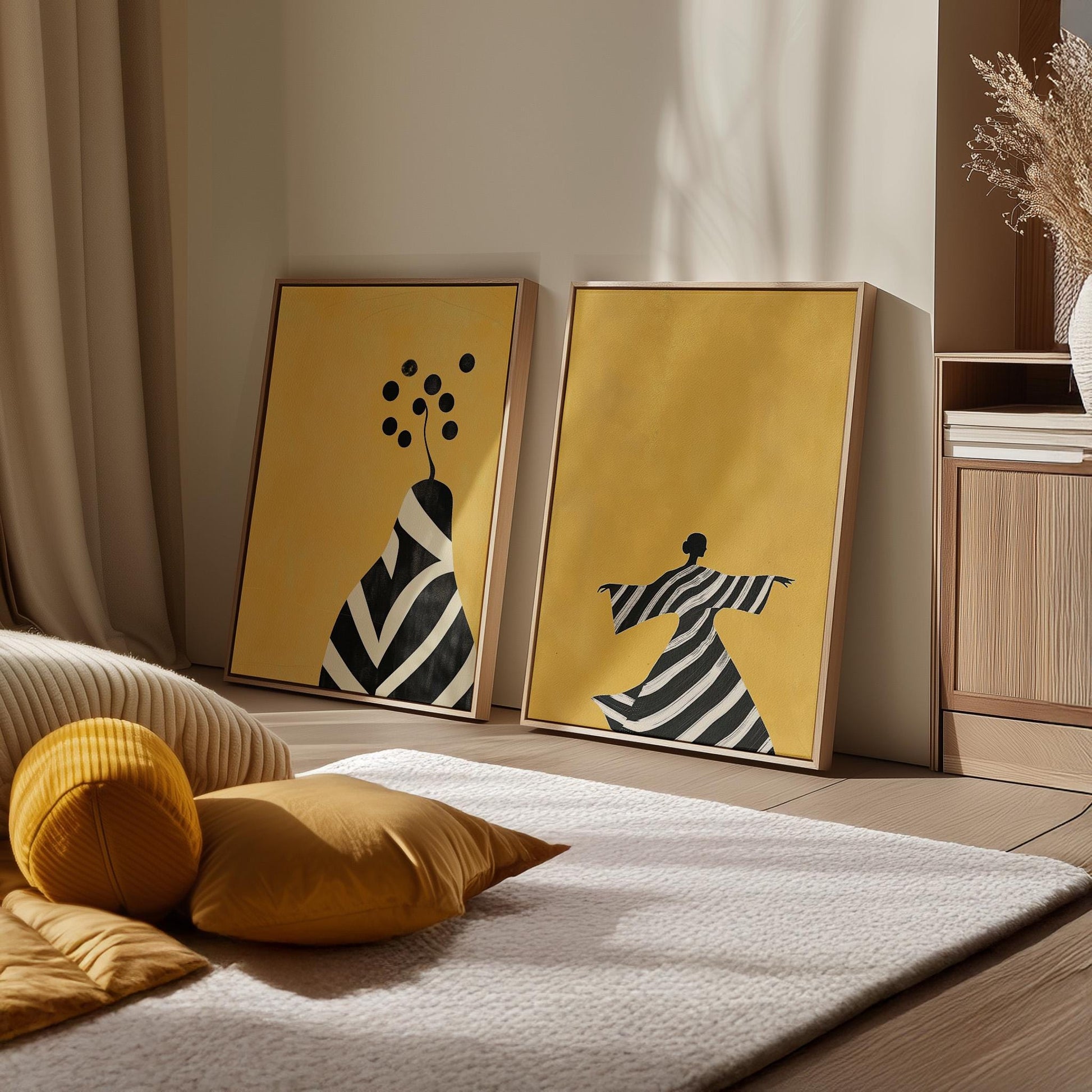Yellow Abstract Figurative Canvas Set of 2: Modern Canvas for Living Room
