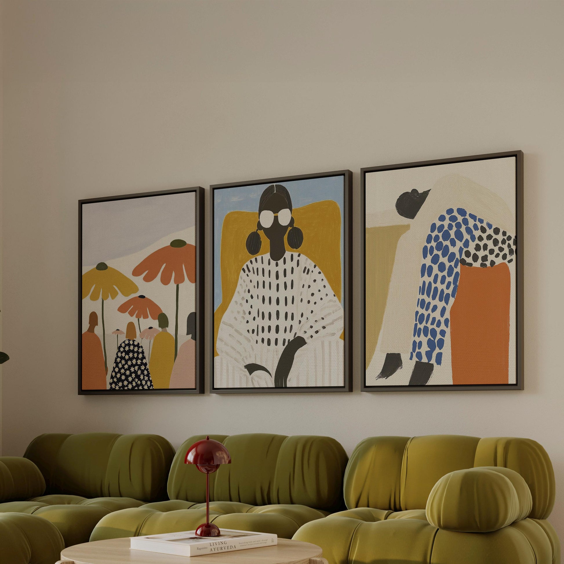 Modern Women Canvas Floating Frame Set Beige and Orange: Modern Abstract Figurative Art