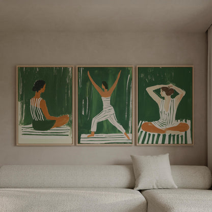 Green Yoga Woman Canvas Prints - Set of 3 Fitness Art