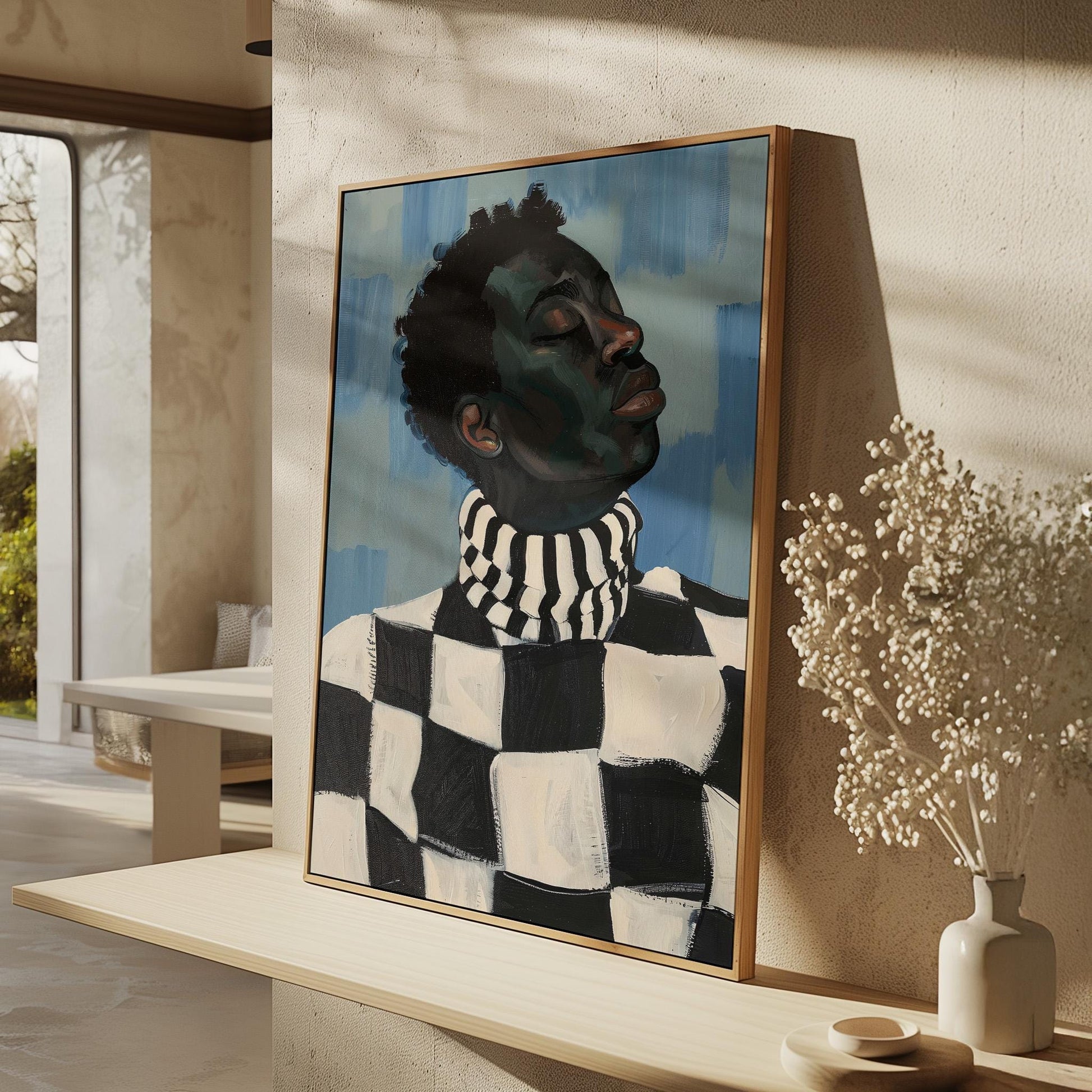 Black and white couple canvas print, checkered sweater wall art, modern Afrocentric portrait, minimalist romantic digital home decor