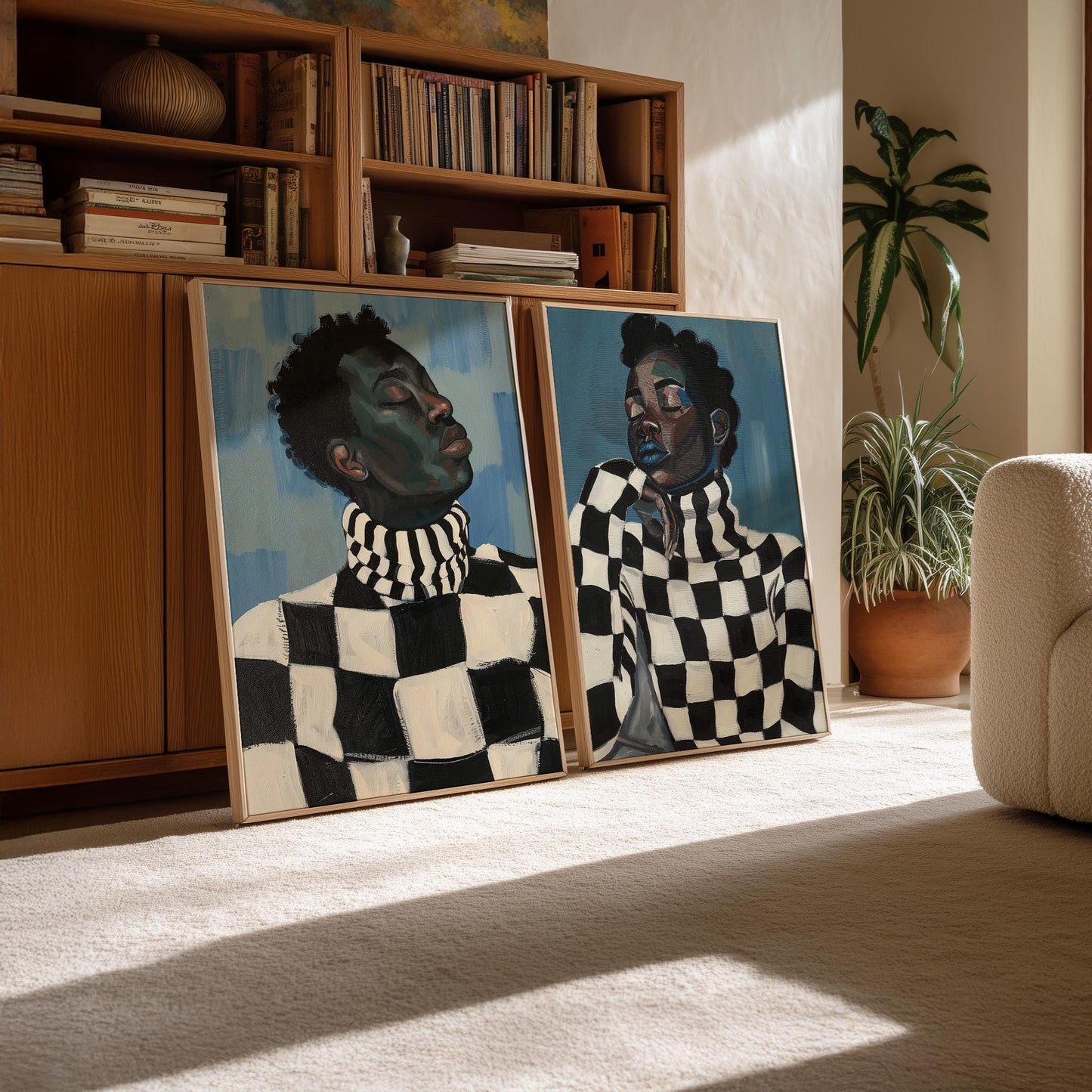 Black and white couple canvas print, checkered sweater wall art, modern Afrocentric portrait, minimalist romantic digital home decor