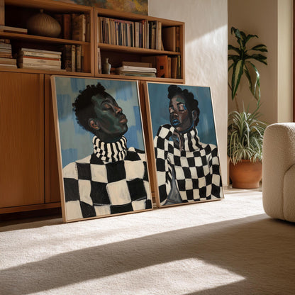 Black and white couple canvas print, checkered sweater wall art, modern Afrocentric portrait, minimalist romantic digital home decor