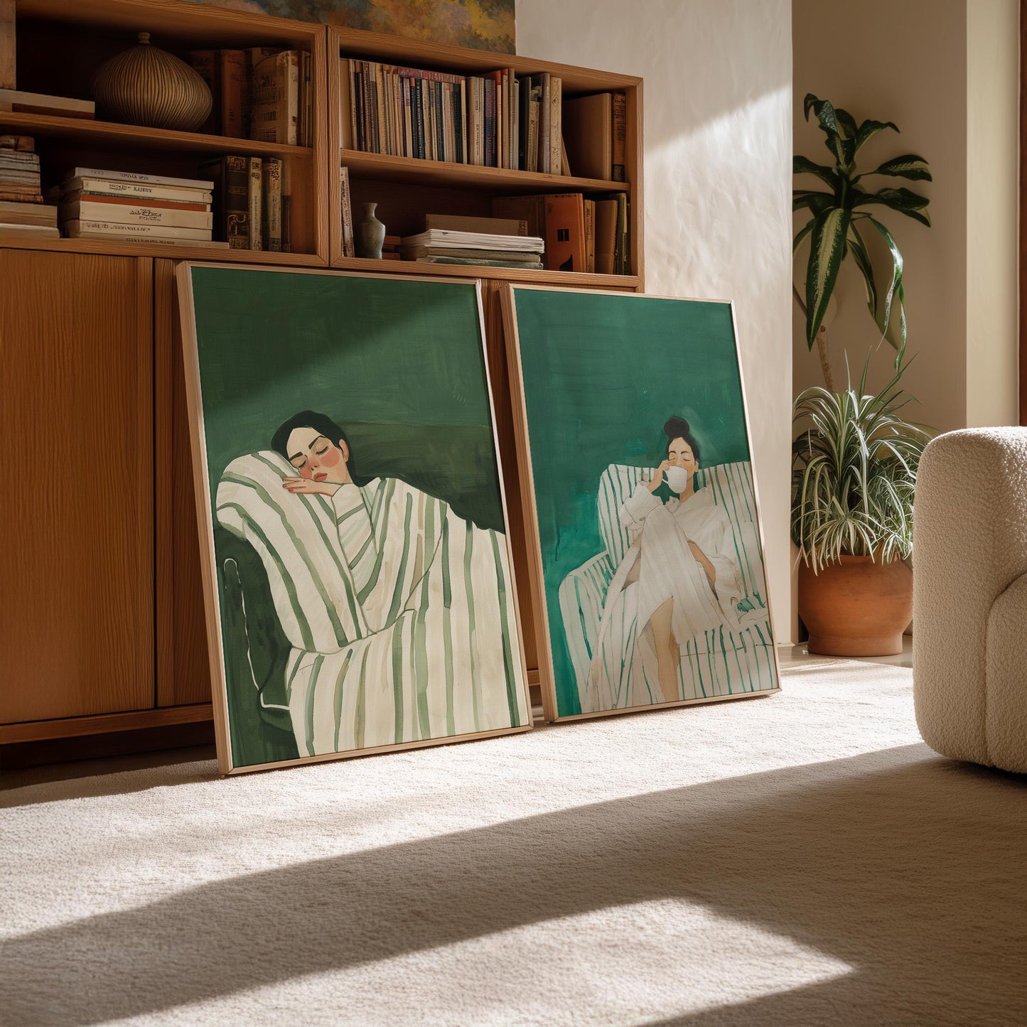 Sleeping Woman Wall Art: Emerald Green Abstract (Set of 2 Canvases)