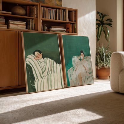 Sleeping Woman Wall Art: Emerald Green Abstract (Set of 2 Canvases)