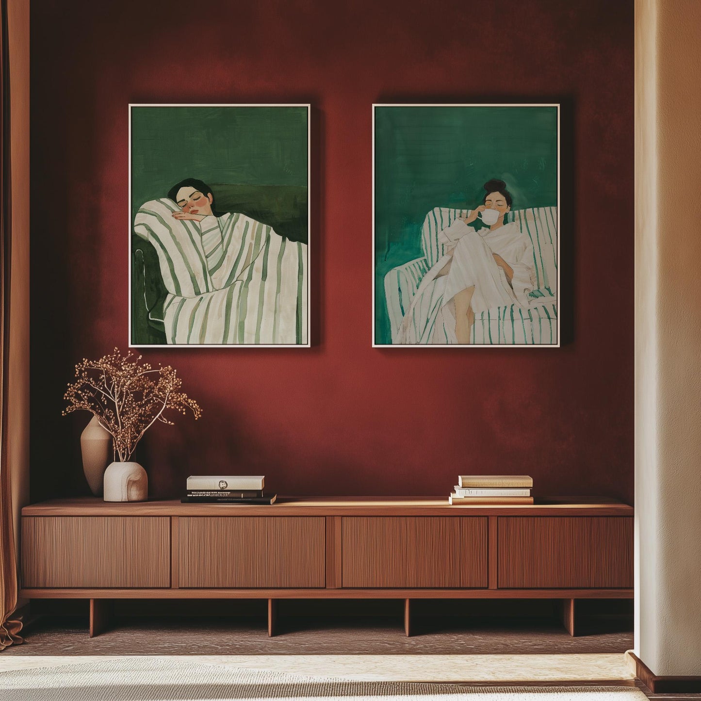 Sleeping Woman Wall Art: Emerald Green Abstract (Set of 2 Canvases)