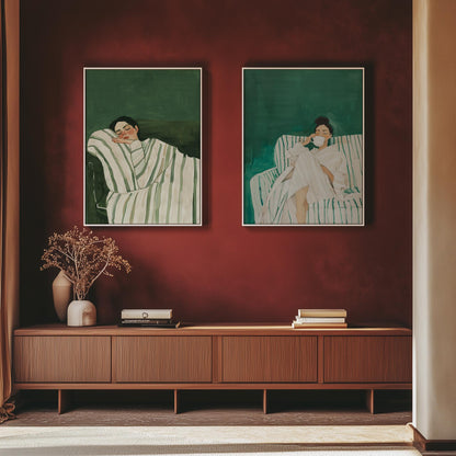 Sleeping Woman Wall Art: Emerald Green Abstract (Set of 2 Canvases)