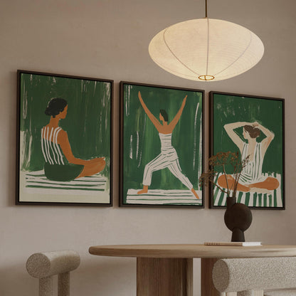 Green Yoga Woman Canvas Prints - Set of 3 Fitness Art