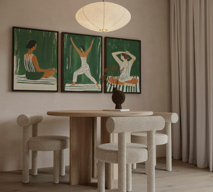 Green Yoga Woman Canvas Prints - Set of 3 Fitness Art