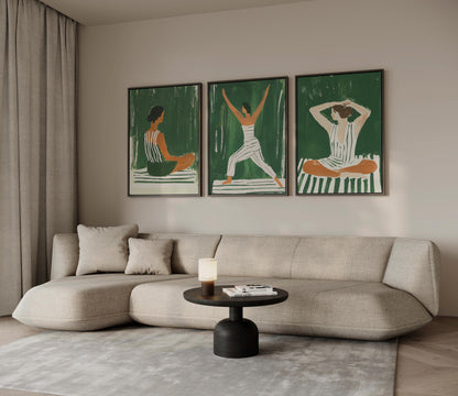 Green Yoga Woman Canvas Prints - Set of 3 Fitness Art