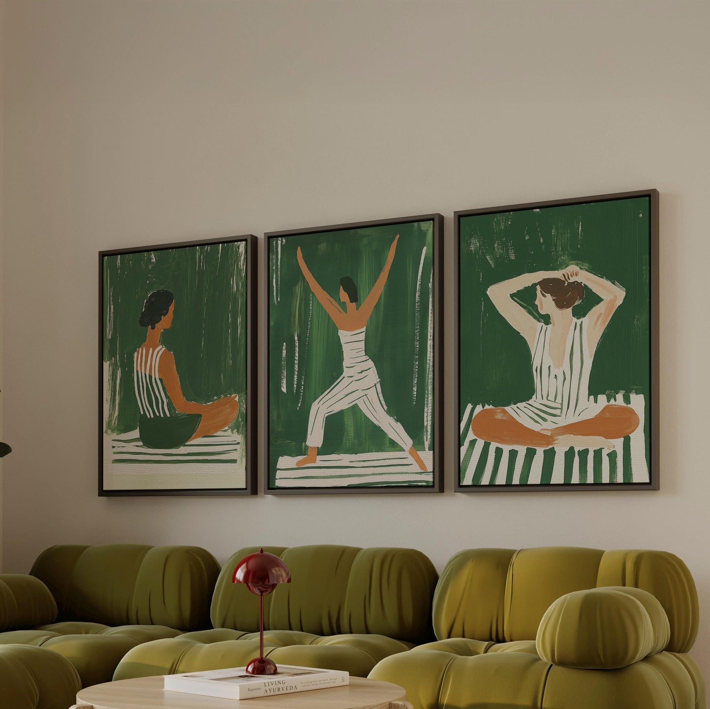 Green Yoga Woman Canvas Prints - Set of 3 Fitness Art