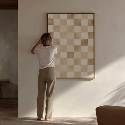 Checkered Canvas Art: Minimalist Beige and White Wall Print